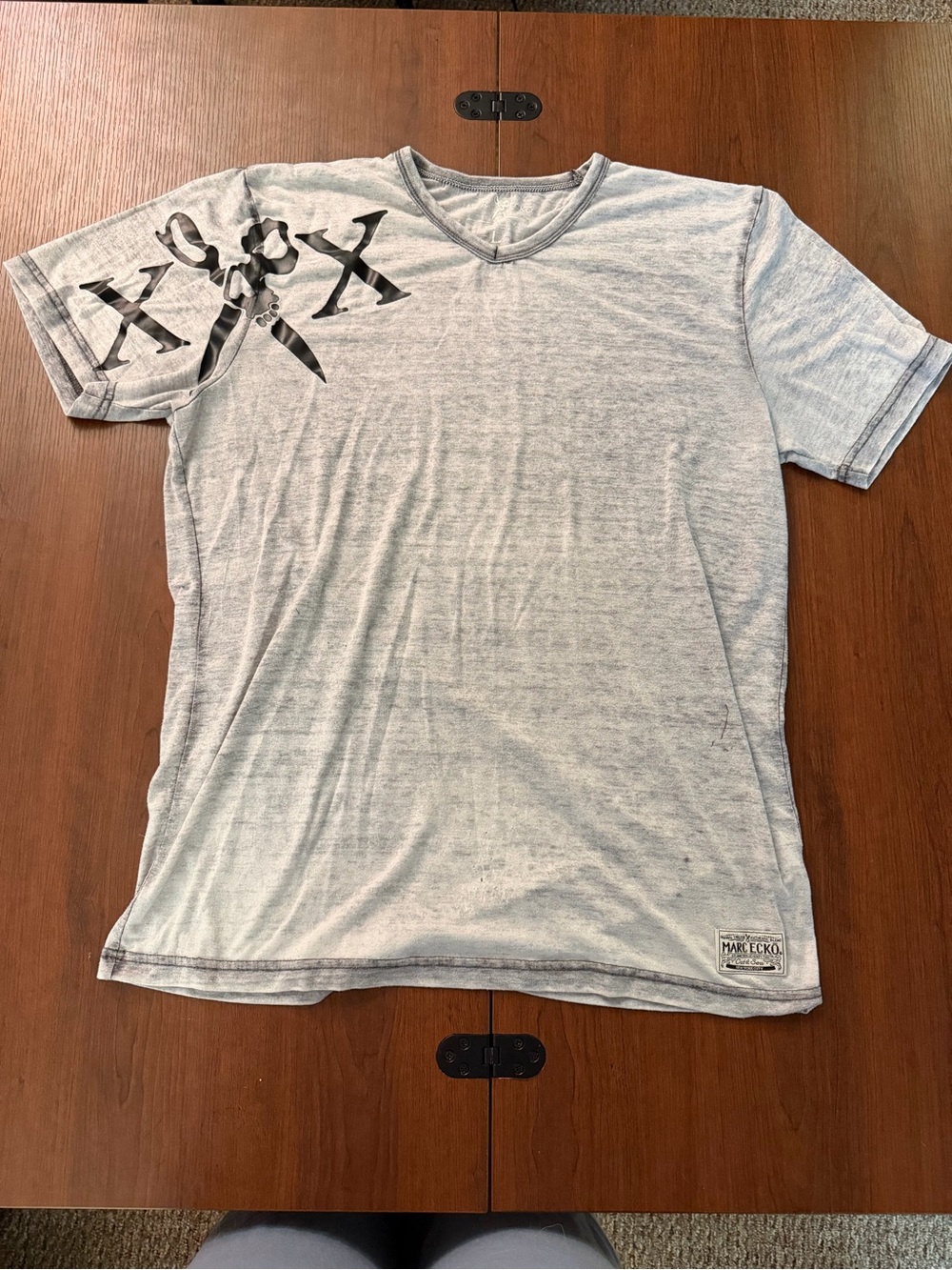 Marc Ecko Light Gray V-Neck Tee with Black Graphic